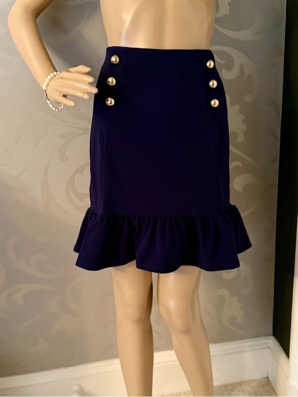 Boston Proper Navy Mini Skirt with Gold Buttons